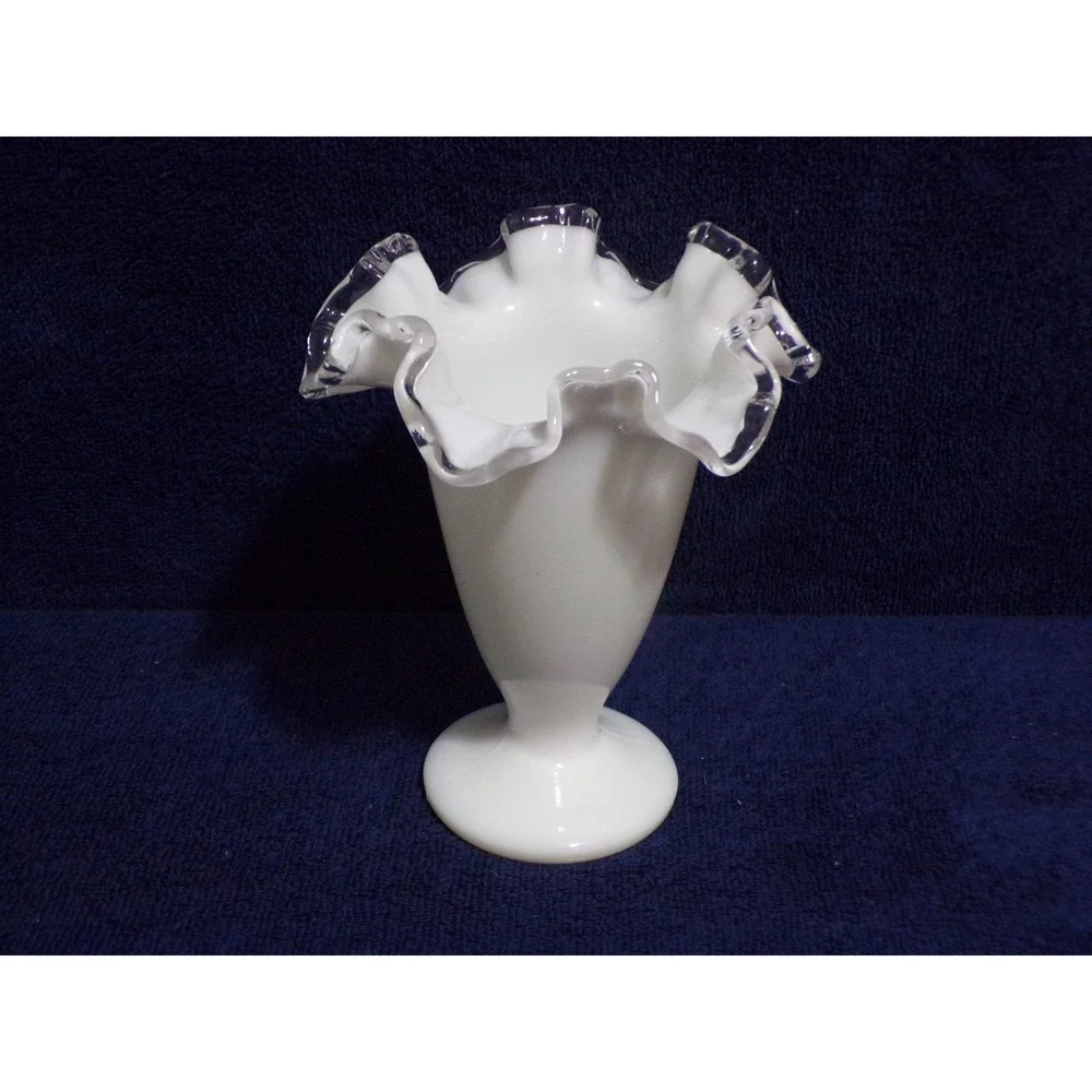 Vintage Fenton Silver Crest White Milk Glass Clear Ruffled Edge Vase 6.5